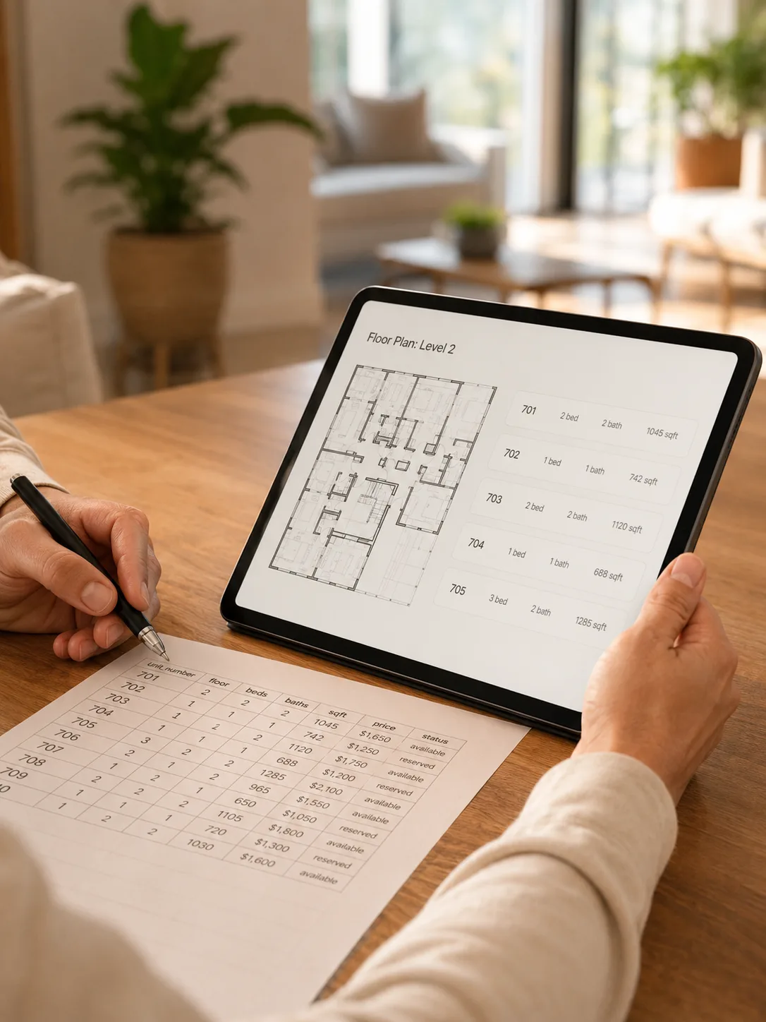 A leasing manager marking up a floor plan and unit list on a tablet.