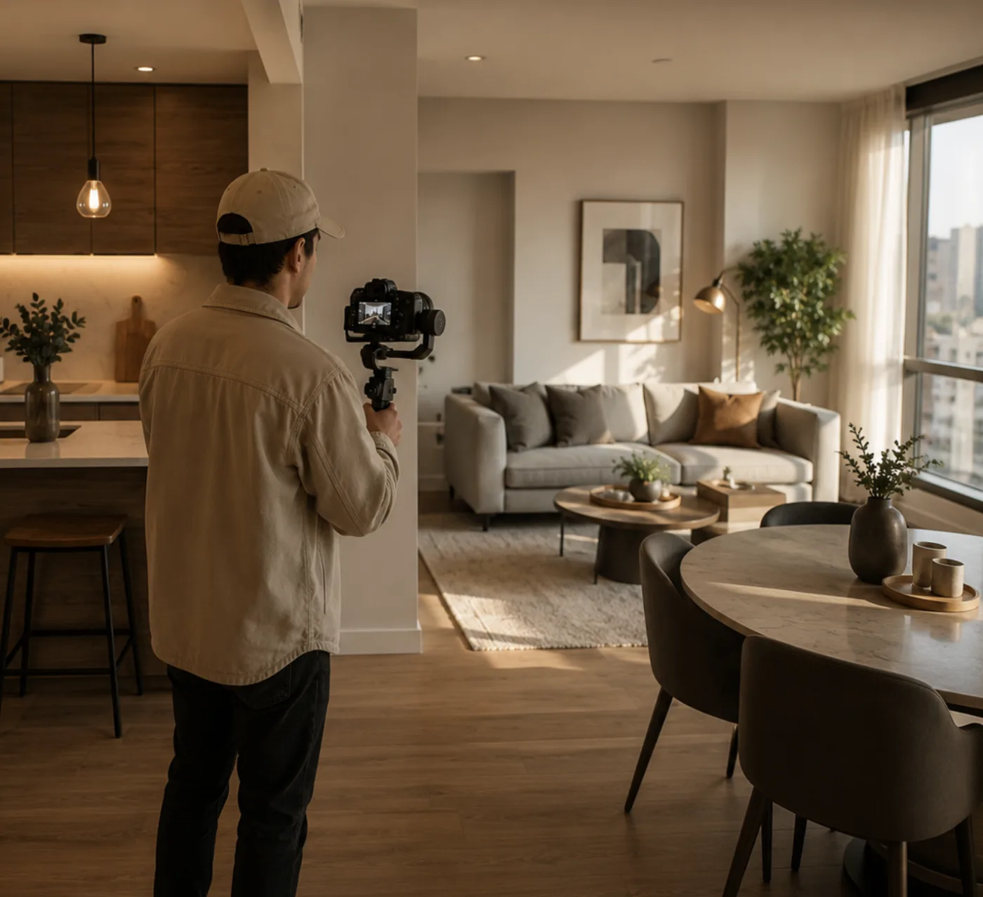 A videographer filming a sunlit apartment living room on a gimbal-mounted camera.